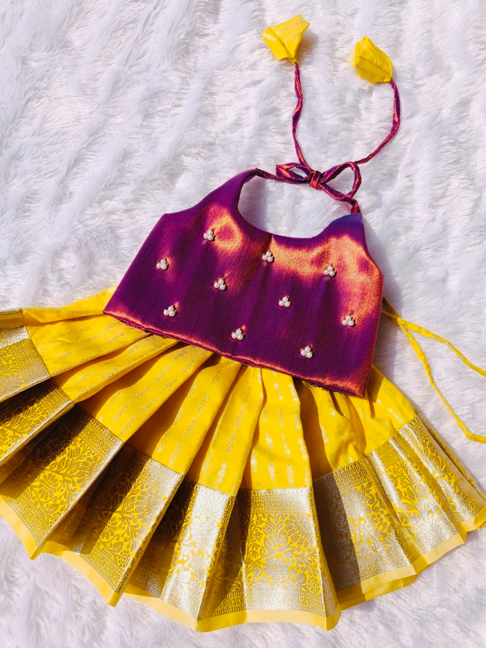 Purple Crop Top and Yellow Pattu Pavada