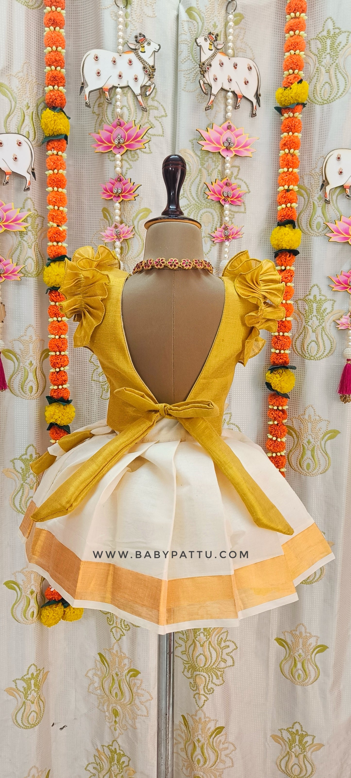 Gold Kerala Cotton Pattu Pavada Vishu Collection 2024