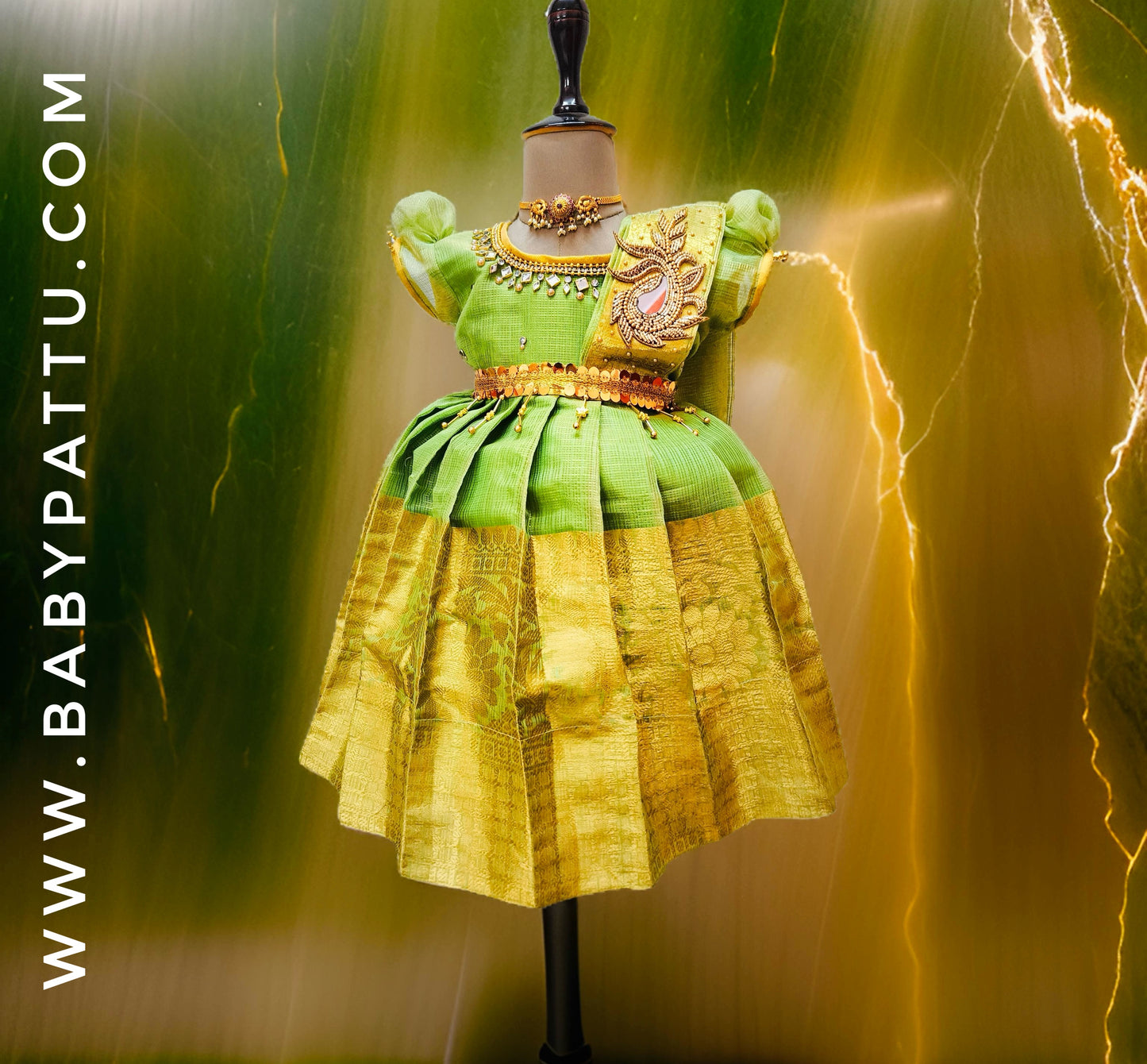 Pista Green Tissue Silk Princess Frock with Detachable Dupatta