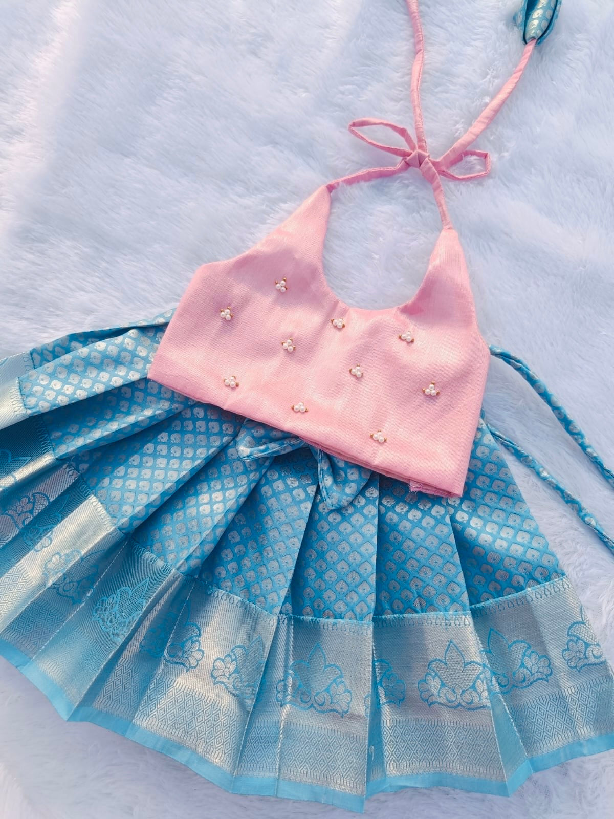 BabyPink Crop Top And Sky Blue Pattu Pavada