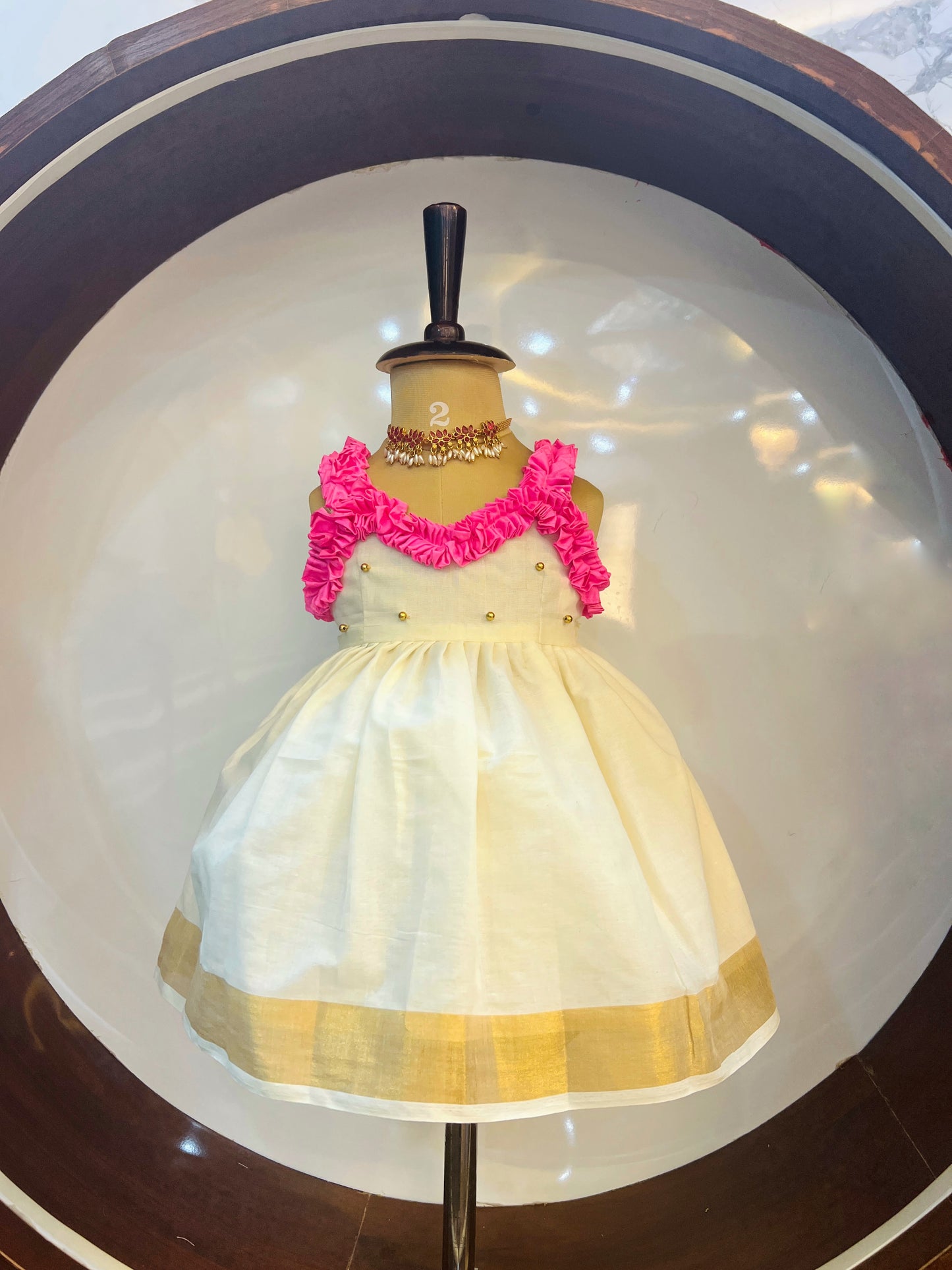 Pink And White Kerala Cotton Frock