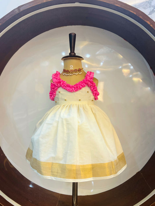 Pink  And White Kerala Cotton Frock