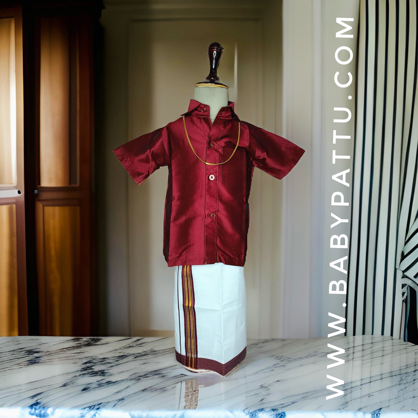 Maroon and White Baby Boy Dhoti Set