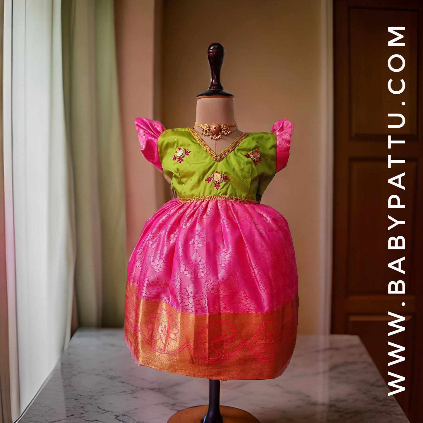 Parrot Green and Candy pink frock