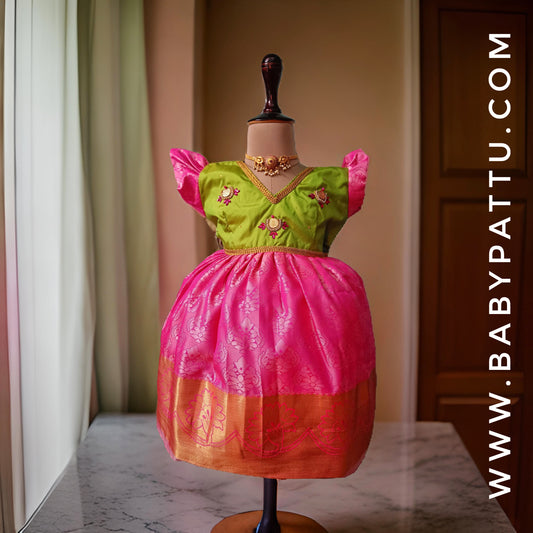 Parrot Green and Candy pink frock