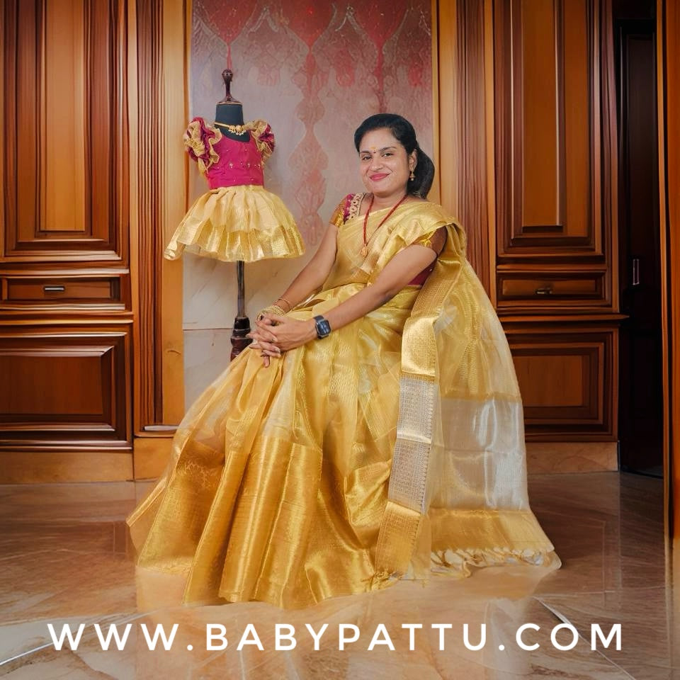 Gold tissue saree and baby dress combo - 0 - 3 months + Mom Saree / 735 Gold tissue saree and baby dress combo - 0 - 3 months + Mom Saree / 735