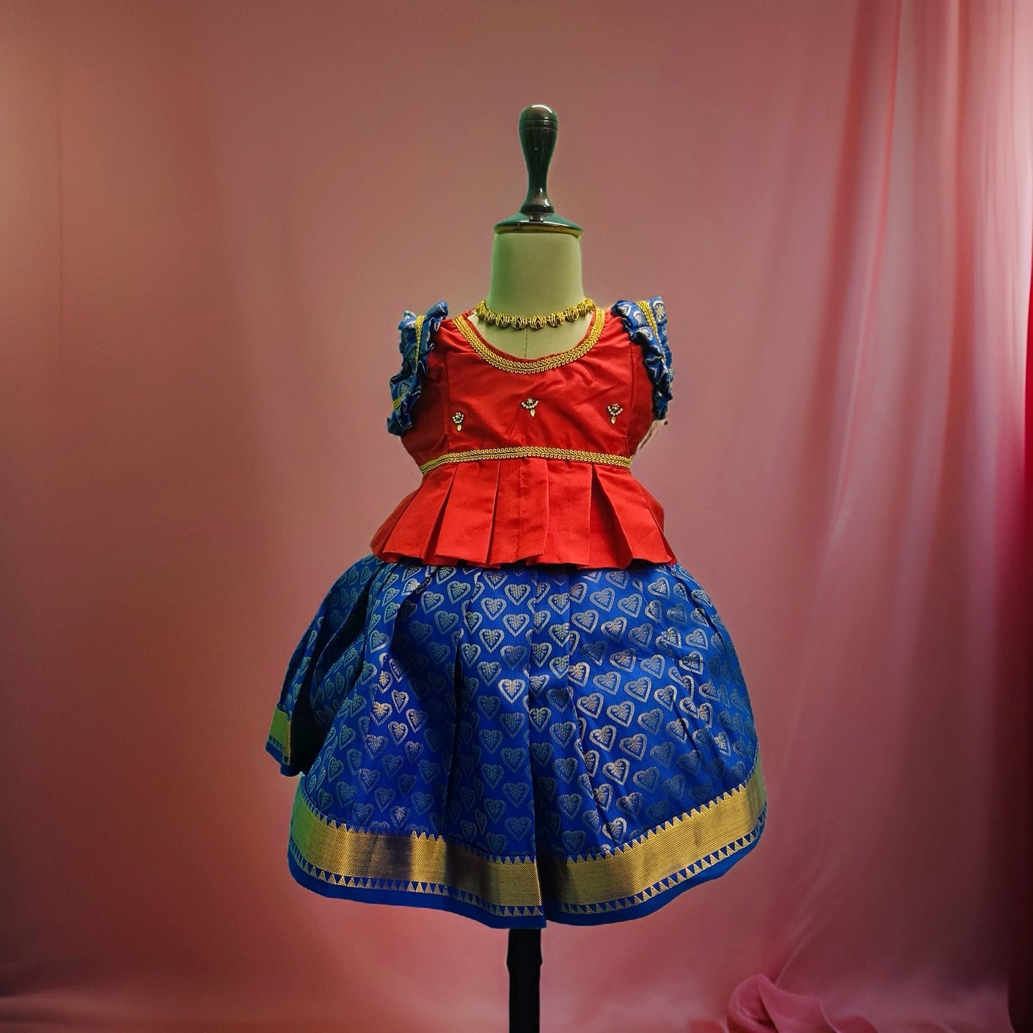 Red & Ink Blue Pattu Pavada