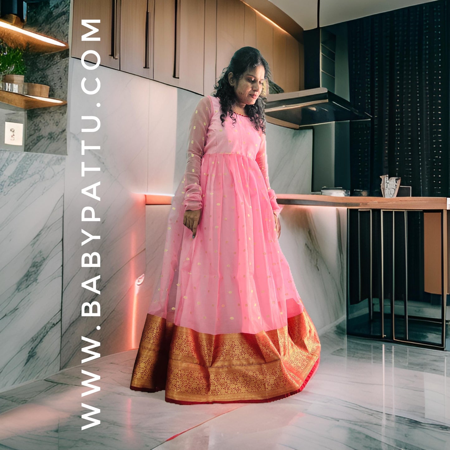 Baby Pink And Red Tissue Long Frock