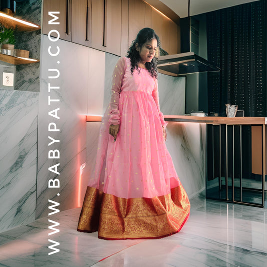 Baby Pink And Red Tissue Long Frock