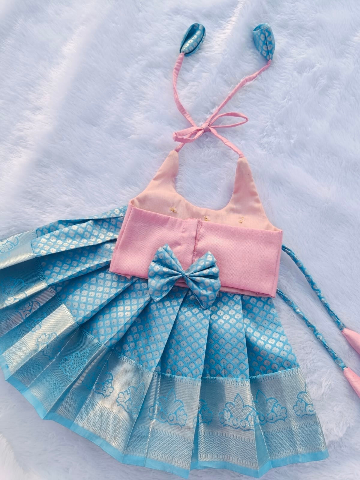 BabyPink Crop Top And Sky Blue Pattu Pavada