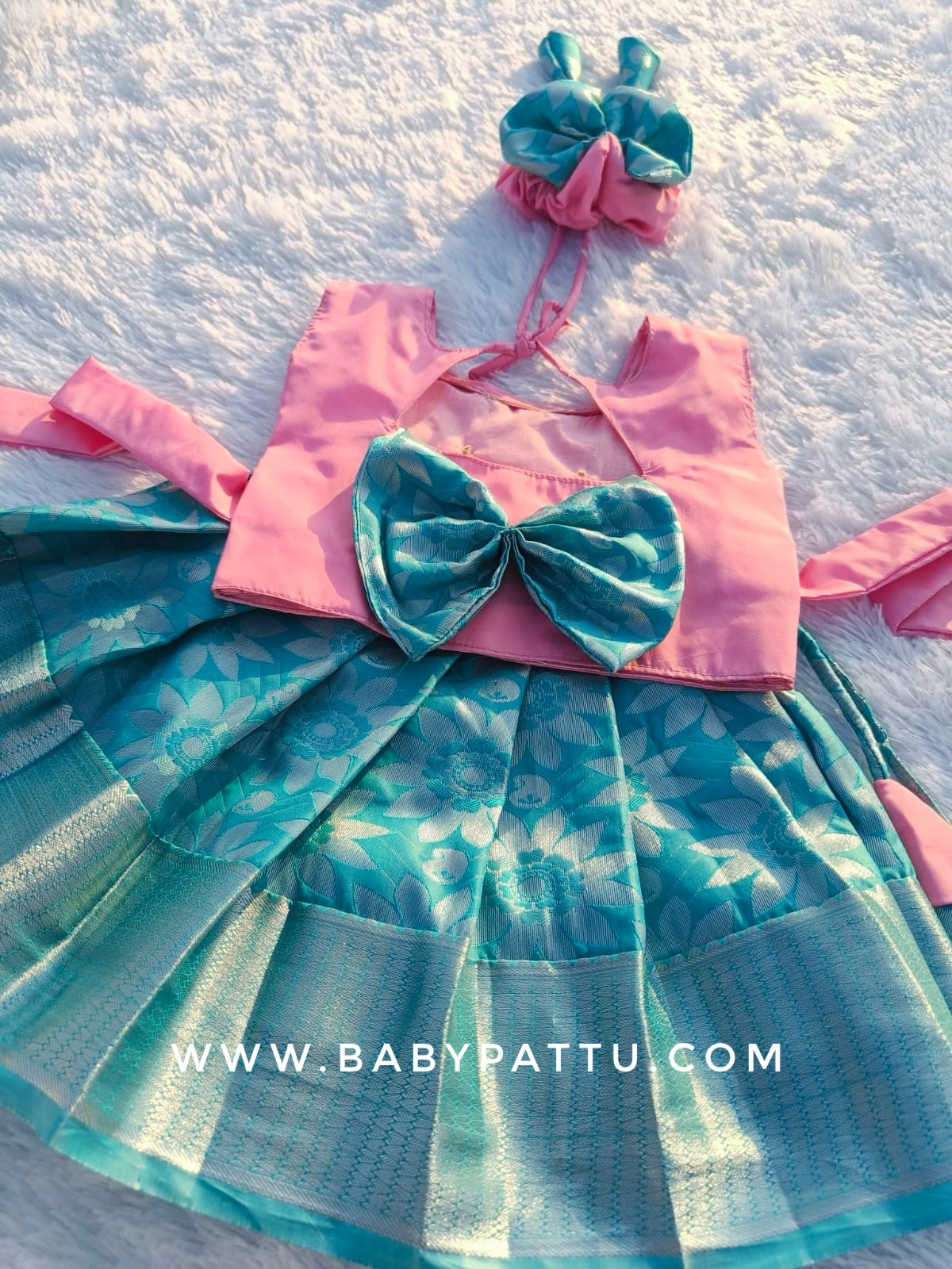 Pink & Cyan Sleeveless Pattu Pavada