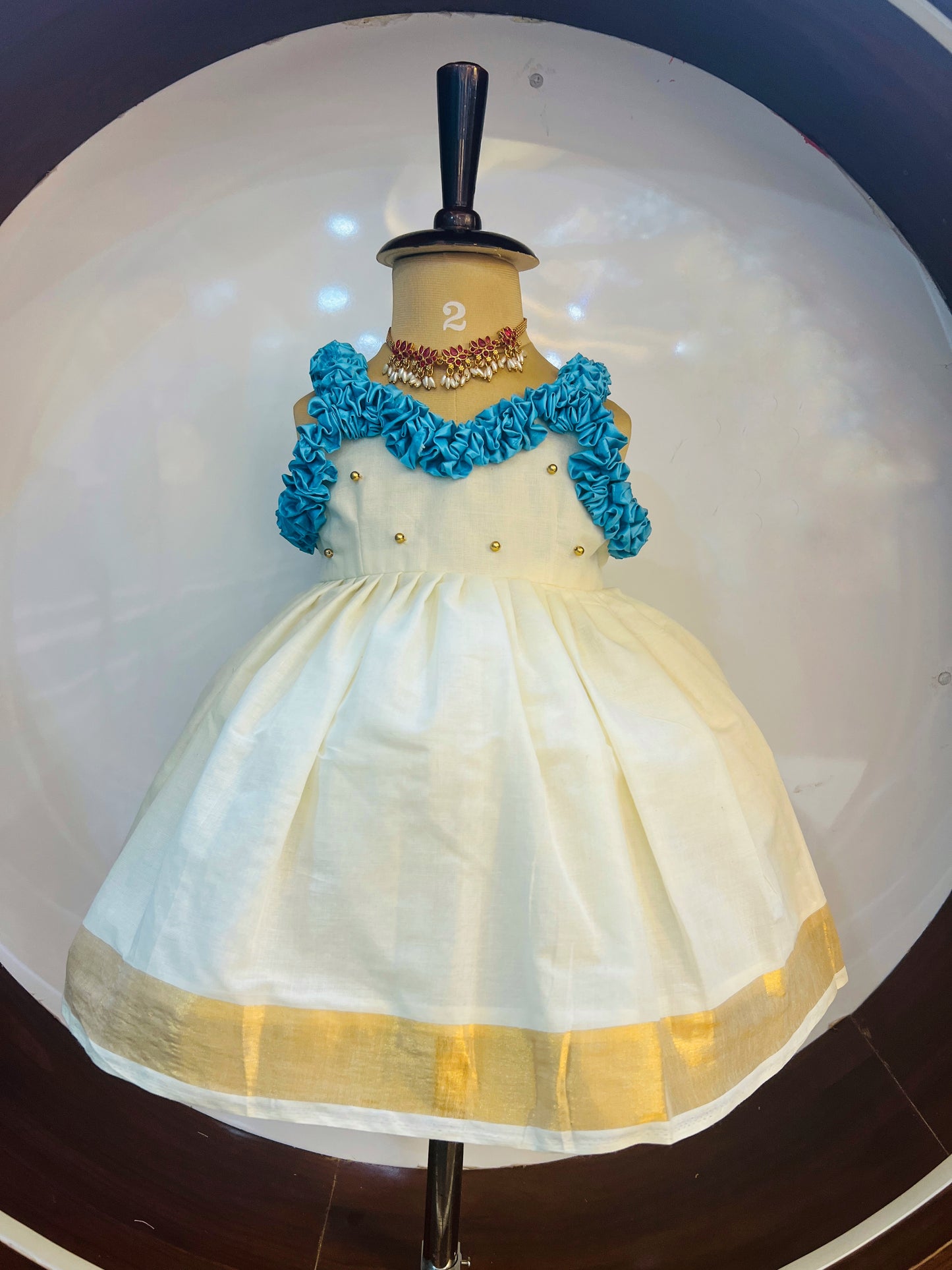 Sky Blue And White Kerala Cotton Frock