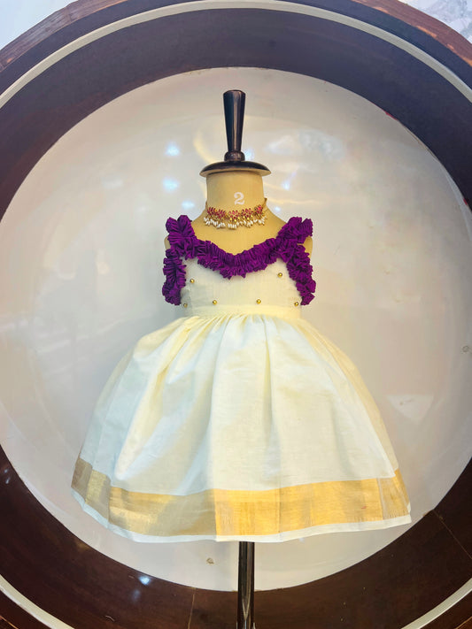 Purple And White Kerala Cotton Frock