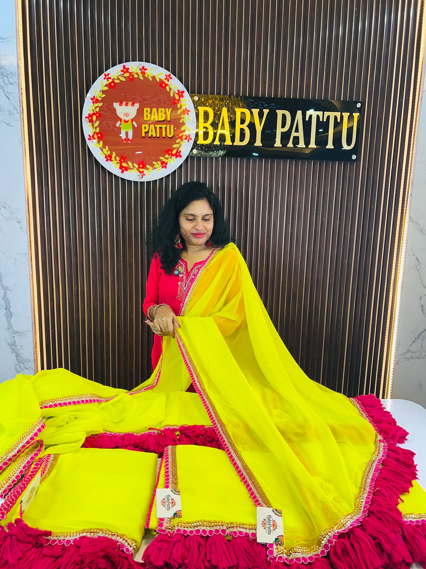 Parrot Green Color Saree with Rani pink Tassels