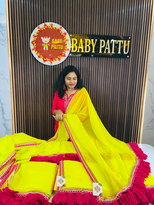 Parrot Green Color Saree with Rani pink Tassels