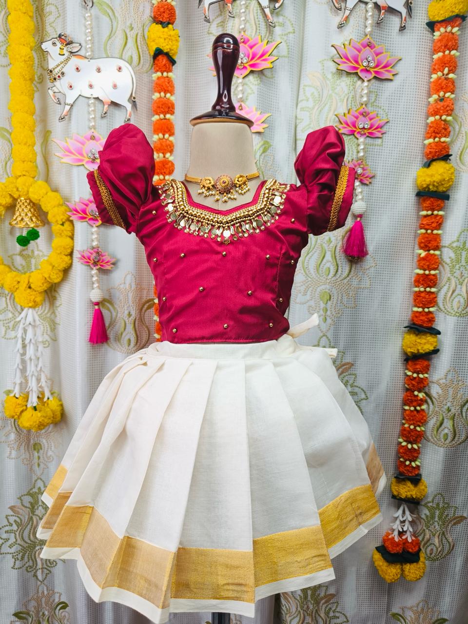 Lehenga Choli Vishu Dress For Baby Girl Girls' Gold Kasavu Lehenga