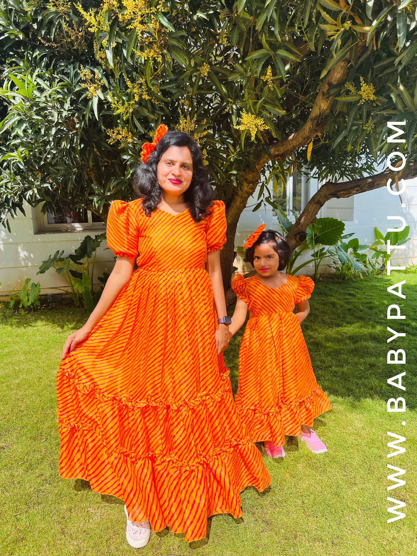 Orange Colour Kota Cotton Princess Frock MOM & Daughter Combo