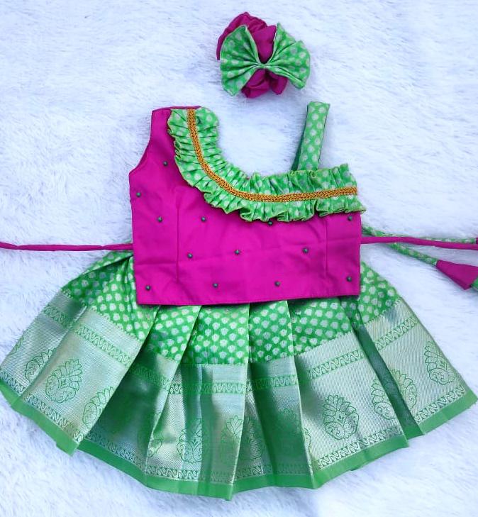 pink and green pattu pavada