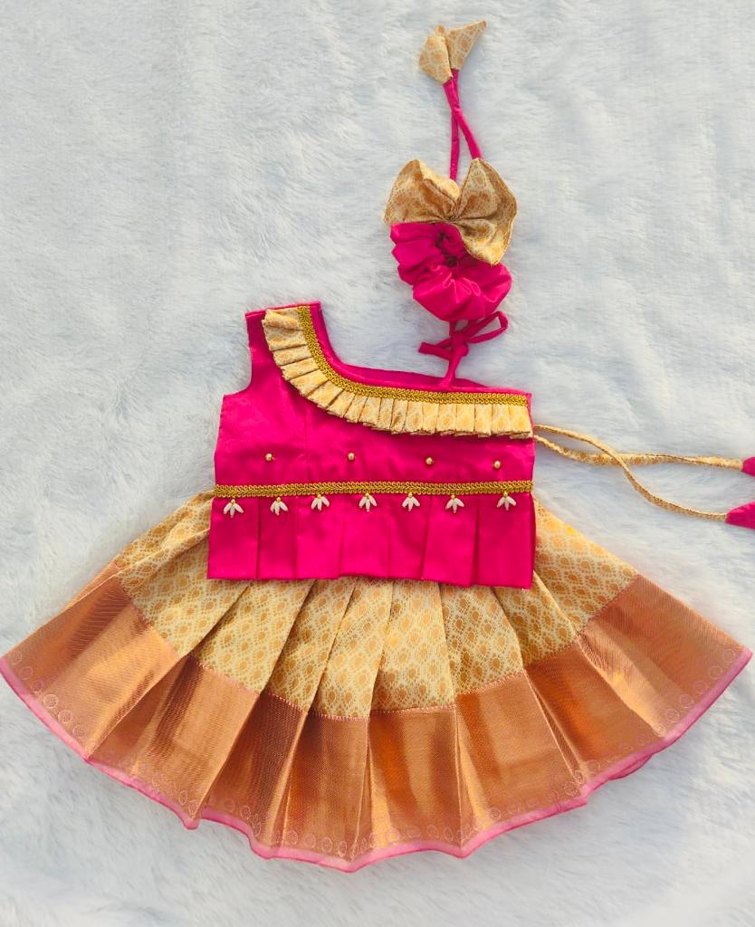 Pink & Halfwhite Pattu Pavada