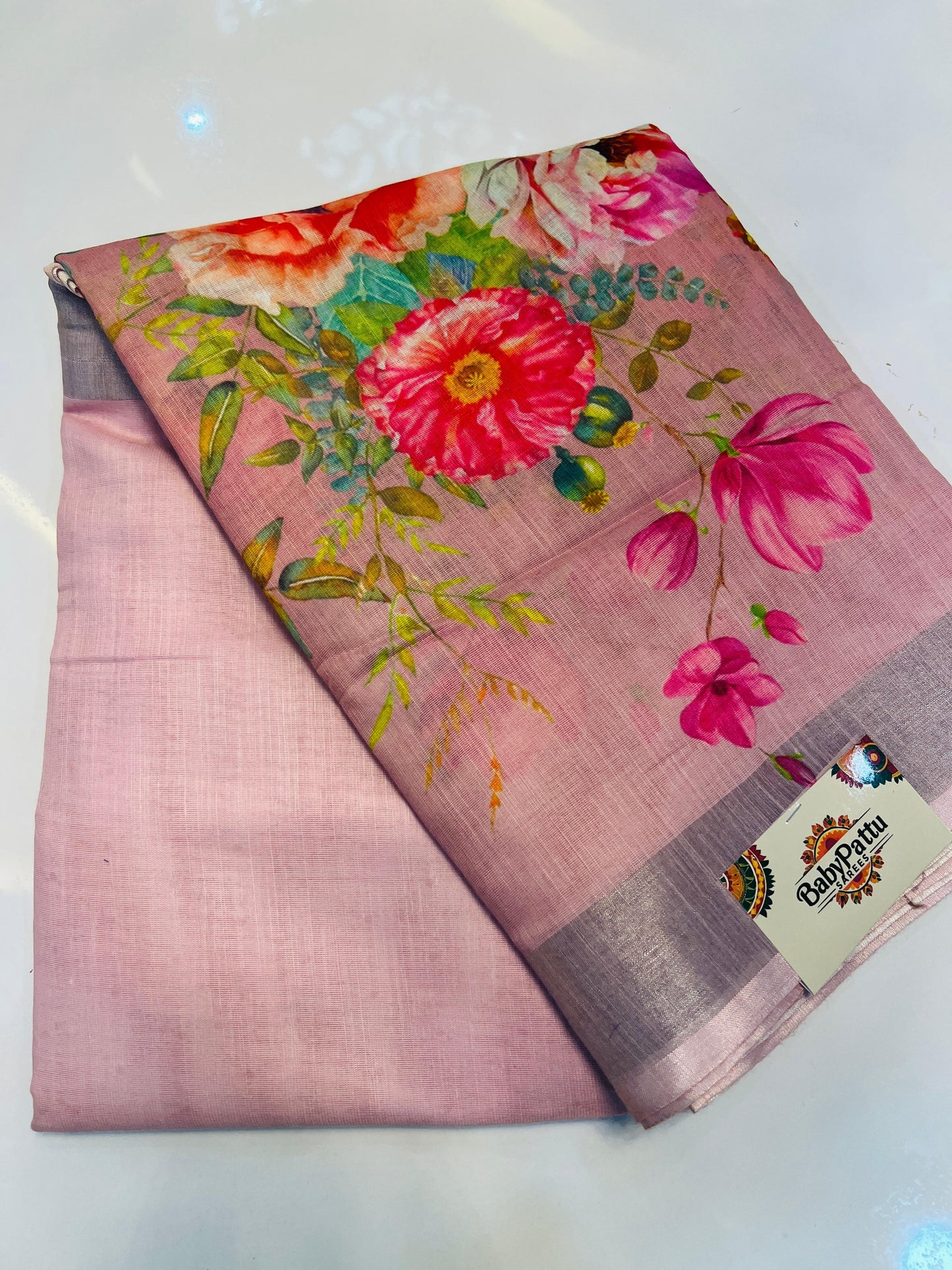 Pink Linen || Alia Bhat Inspired Floral Print BabyPink Saree