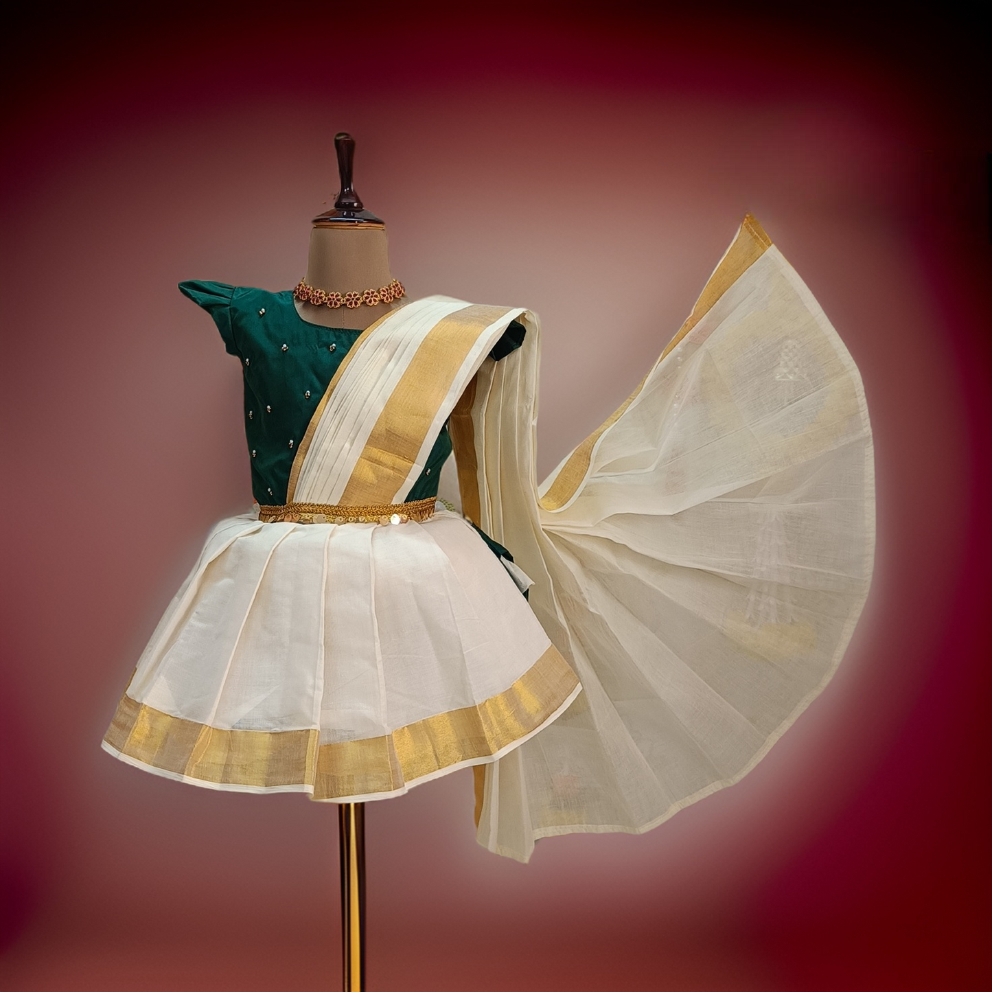 Green Colour Top and Kerala Kasuvu Cotton Bottom - Beautiful Kerala Cotton Pattu Pavada || Attached Dupatta | Vishu Collection
