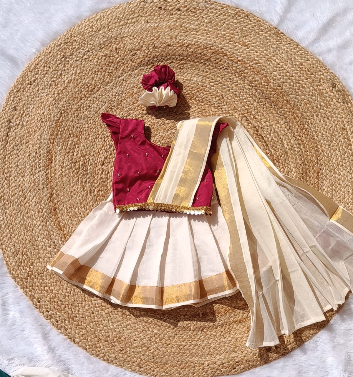 Maroon Colour Top and Kerala Kasuvu Cotton Bottom - Beautiful Kerala Cotton Pattu Pavada || Attached Dupatta | Vishu Collection