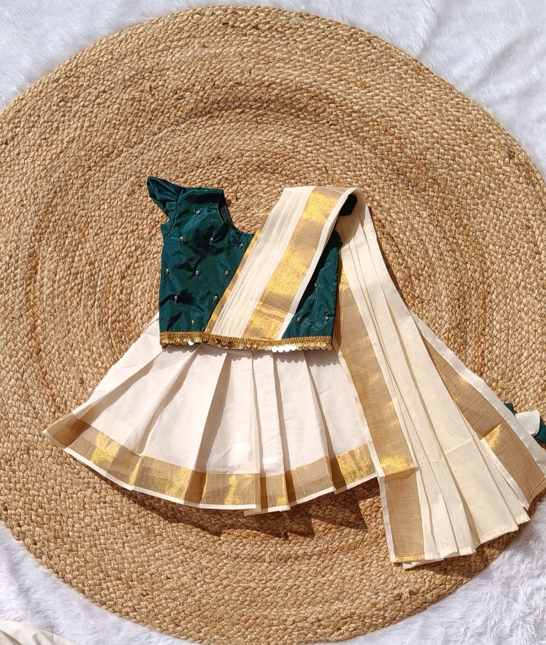 Green Colour Top and Kerala Kasuvu Cotton Bottom - Beautiful Kerala Cotton Pattu Pavada || Attached Dupatta | Vishu Collection