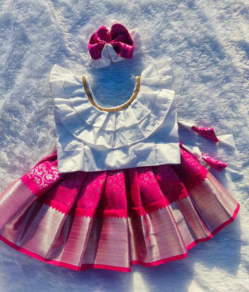 White & Pink Pattu Pavada