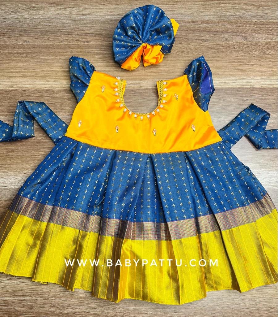 Yellow Peacock Blue frock - Main Image