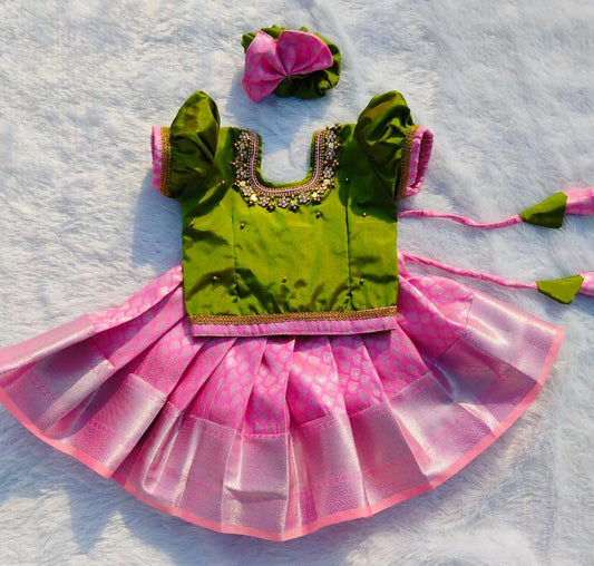 Green Top and Dark shade pink Bottom Pattu pavada
