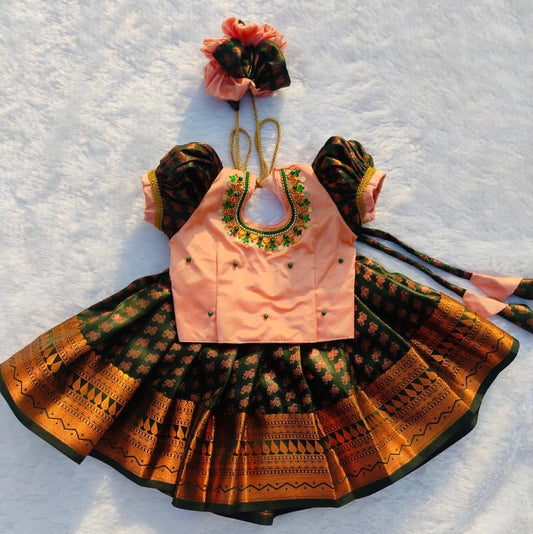 Peach Top and Dark Green Bottom Pattu pavada