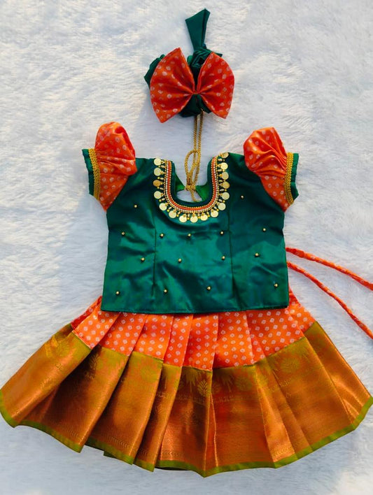 Green Top and Orange Bottom Pattu pavada