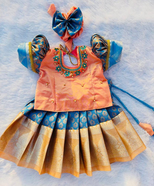 Peach and Blue Pattu pavada