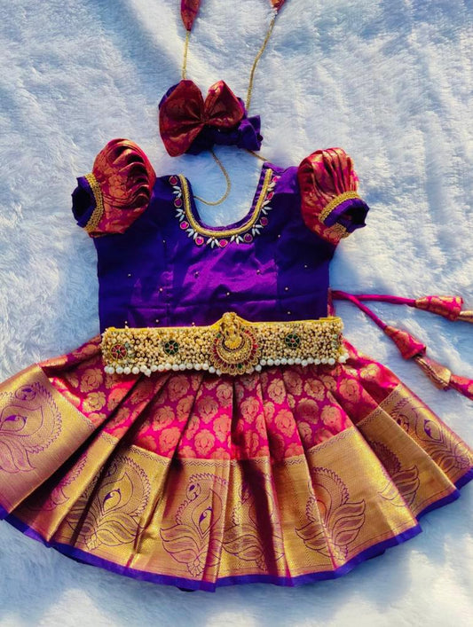 Purple Top and Pink Bottom Pattu pavada with Beautiful Hip Belt