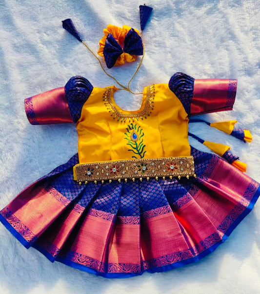 Yellow and Royal Blue Pattu Pavada With Hip belt