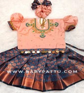 Peach & Peacock Blue Pattu Pavada