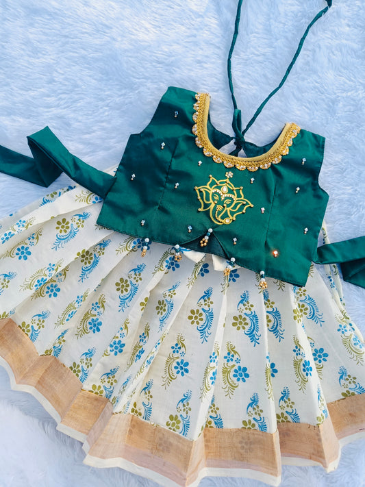 2025-Ganesh chathurthi Collections  Green Crop Top And Floral Print Keral Cotton Pattu Pavada