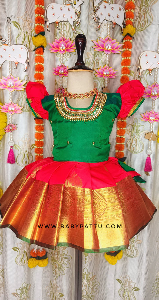 Green & Red Pattu Pavada