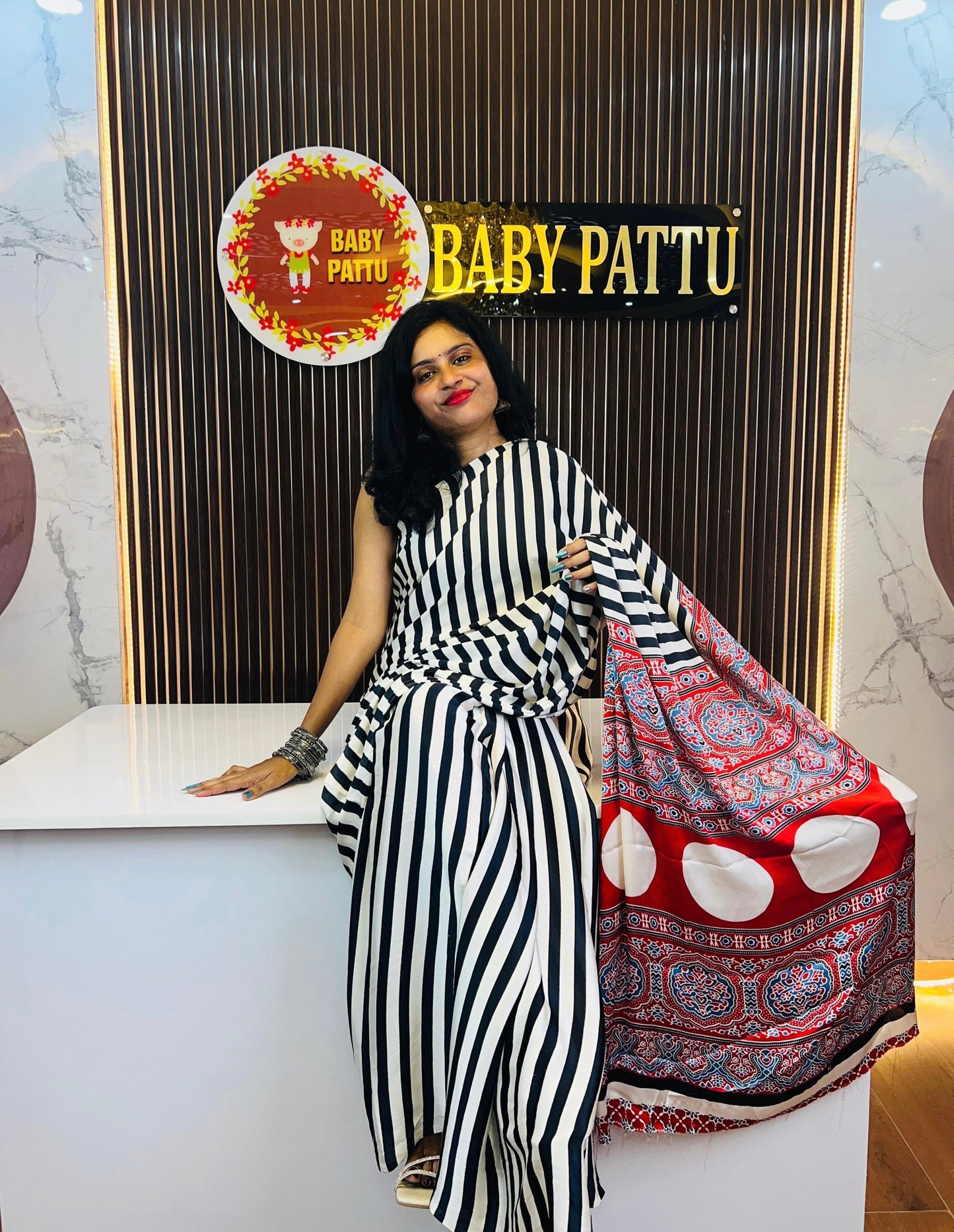 Model Silk in Ajrakh Print Black and White Saree
