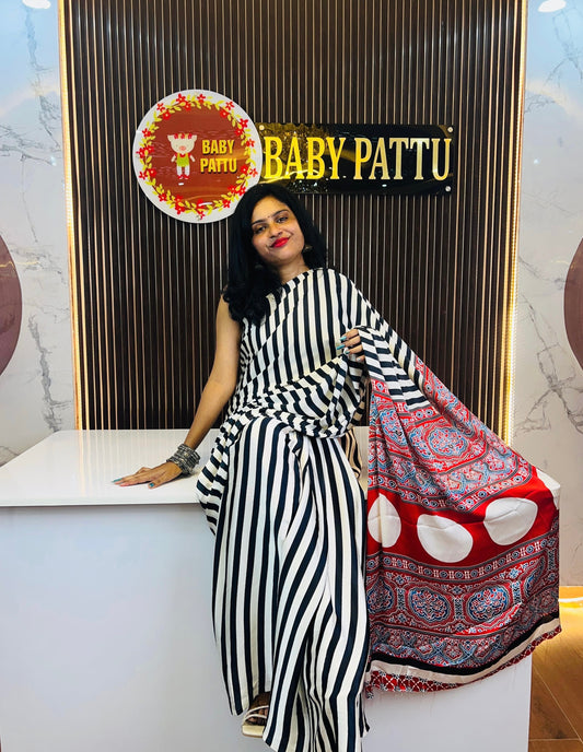 Model Silk in Ajrakh Print Black and White Saree