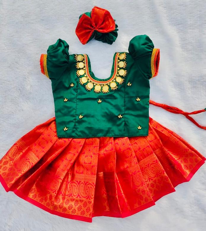 Dark Green and Red pattu pavada
