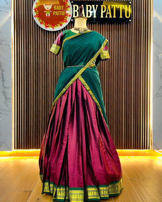 Wine And Green Color Soft Silk Half Saree