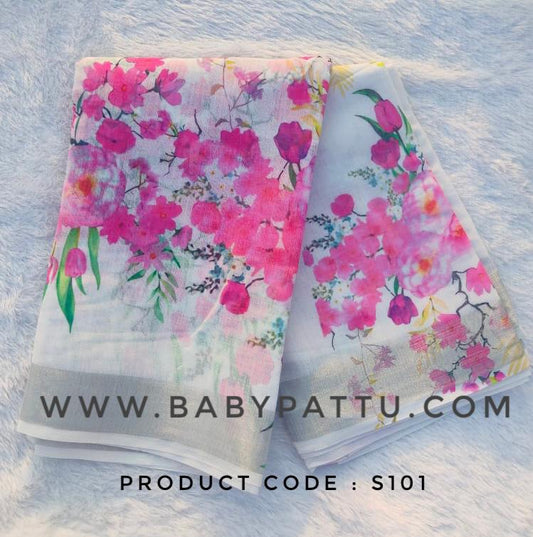 White Linen || Alia Bhat Inspired Floral Print White Saree