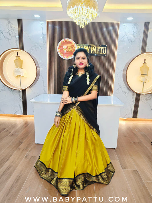 Beautiful Black And Mustard Yellow Half Saree