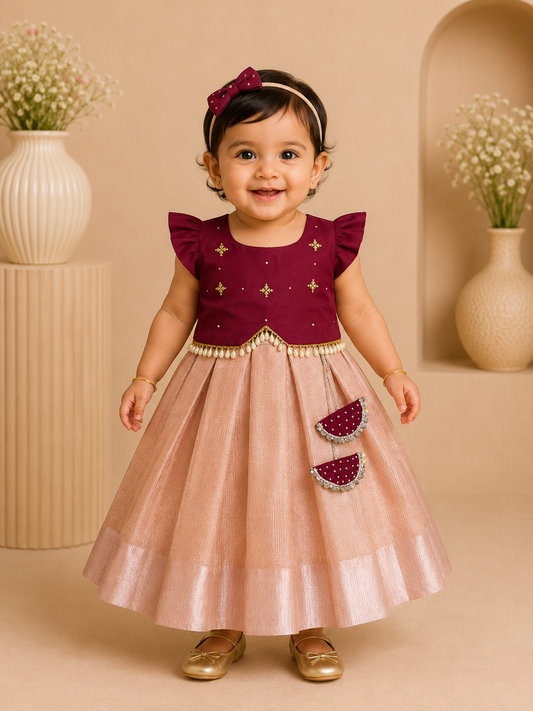 Maroon and Rose Gold Coat Model Frock