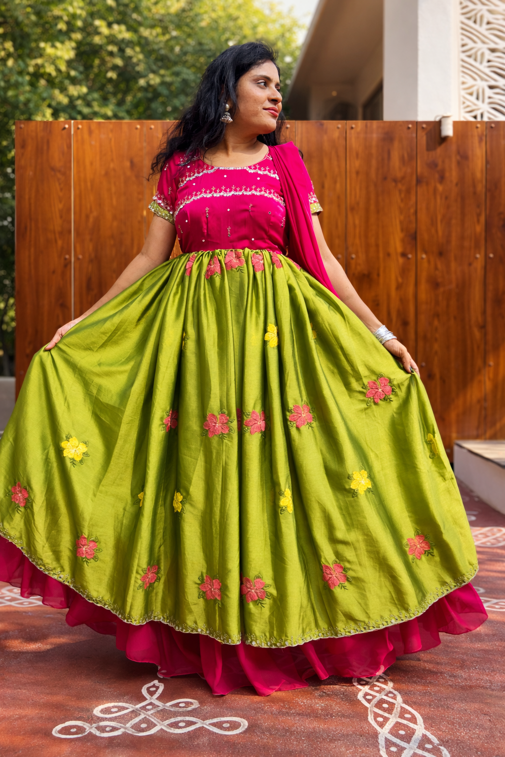 Rani Pink & Mehendhi Green Long Frock