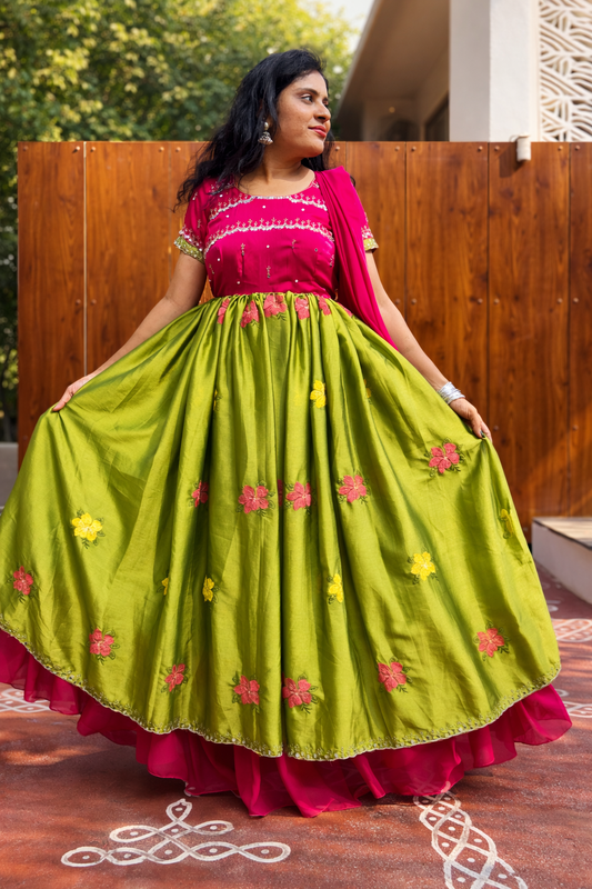 Rani Pink & Mehendhi Green Long Frock