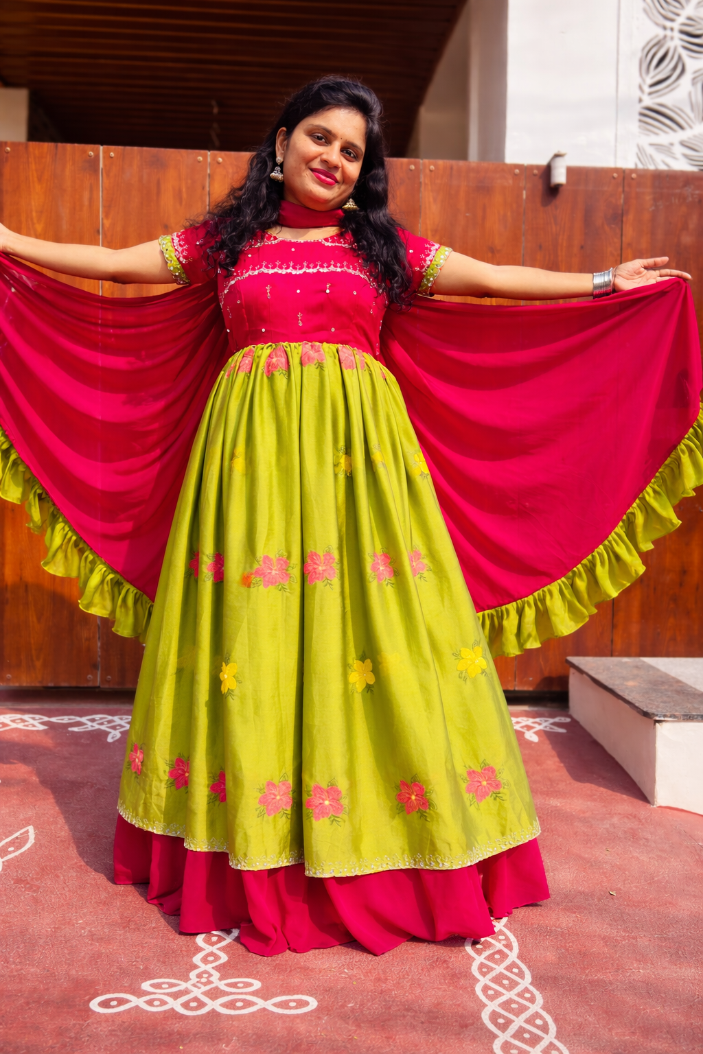 Rani Pink & Mehendhi Green Long Frock