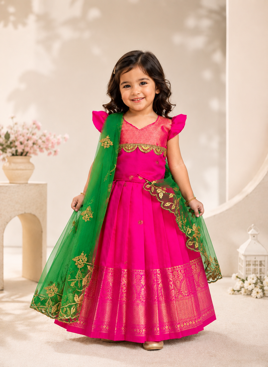 Pink Pattu pavada with Detachable Dupatta
