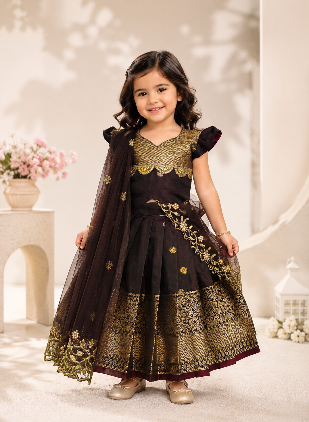 Chocolate Brown Pattu Pavada with Detachable Dupatta
